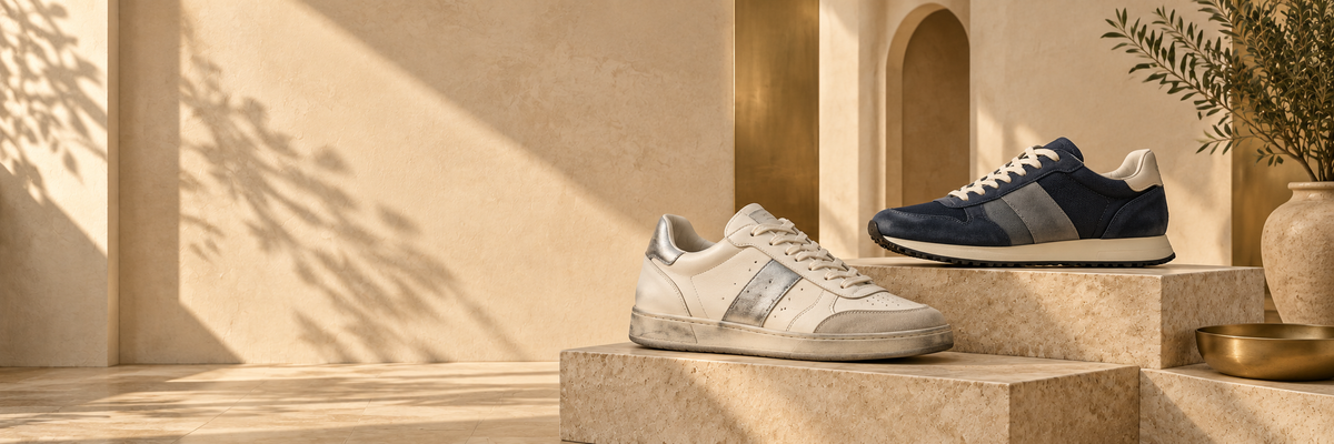 Scarpe uomo selezionate in stile editoriale per la collezione Scarpe Corso Fly