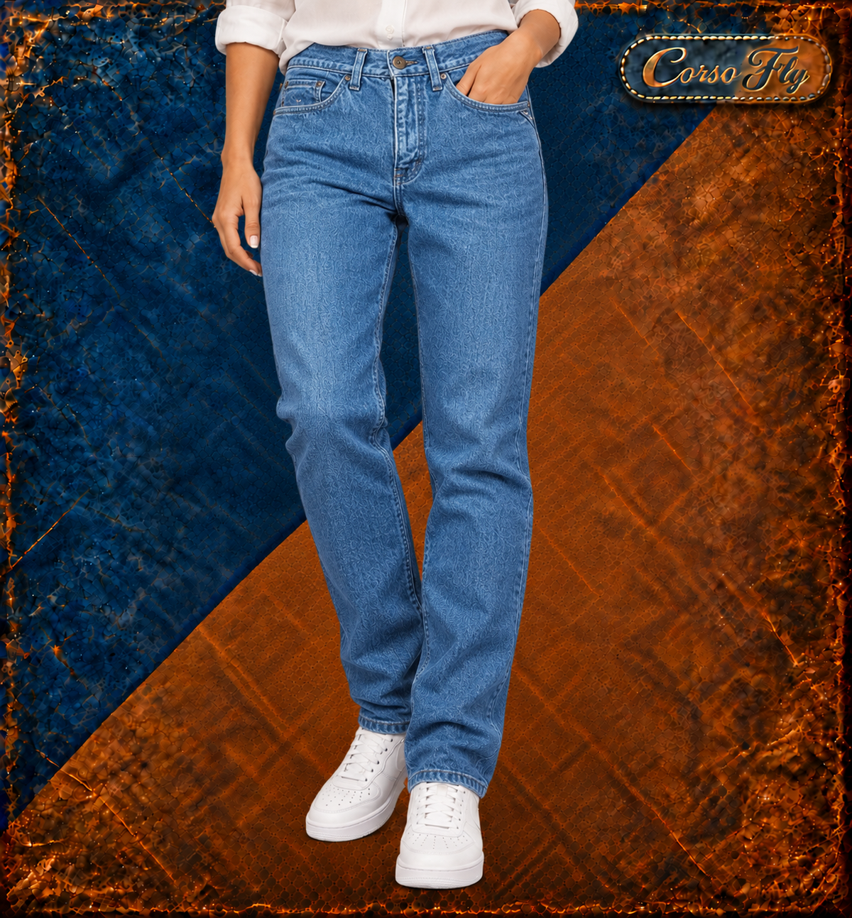 Jeans Armani su modella – rappresentazione illustrativa