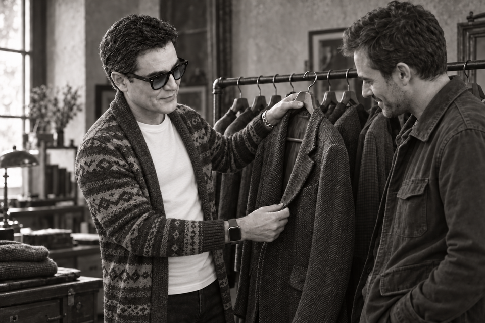 Biagio con cardigan e t-shirt bianca mentre mostra una giacca a un cliente.