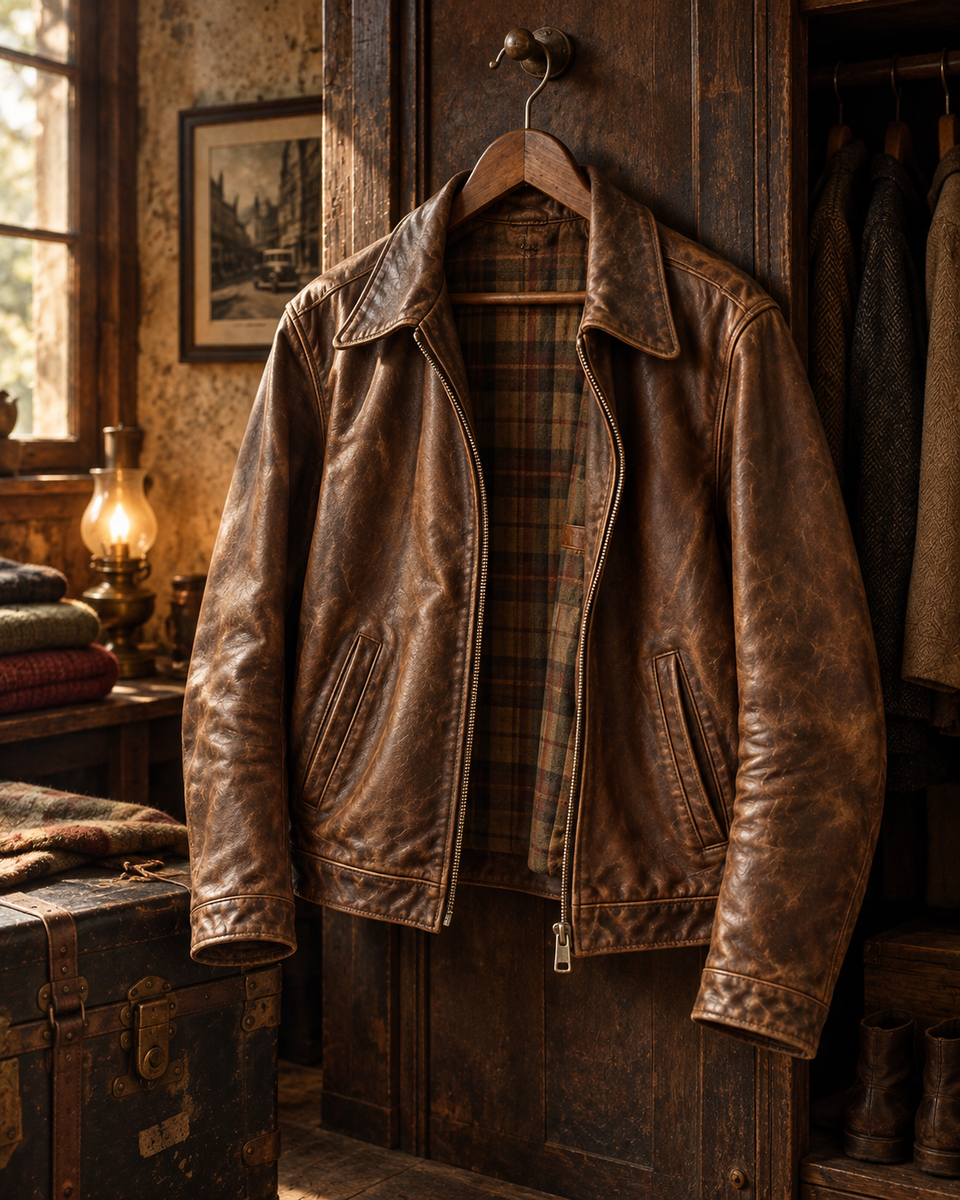 Giubbino vintage in pelle vissuta, aperto con fodera a quadri, in un atelier d'epoca.