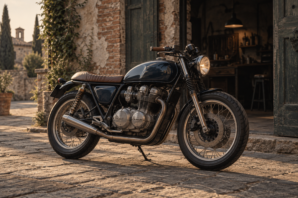 Moto custom blu vintage davanti a un'officina d'epoca.
