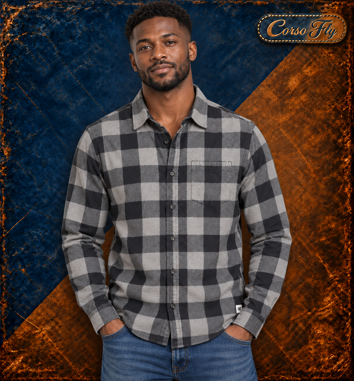 Camicia Caterpillar CAT L a quadri grigi e neri indossata dal modello — Corso Fly