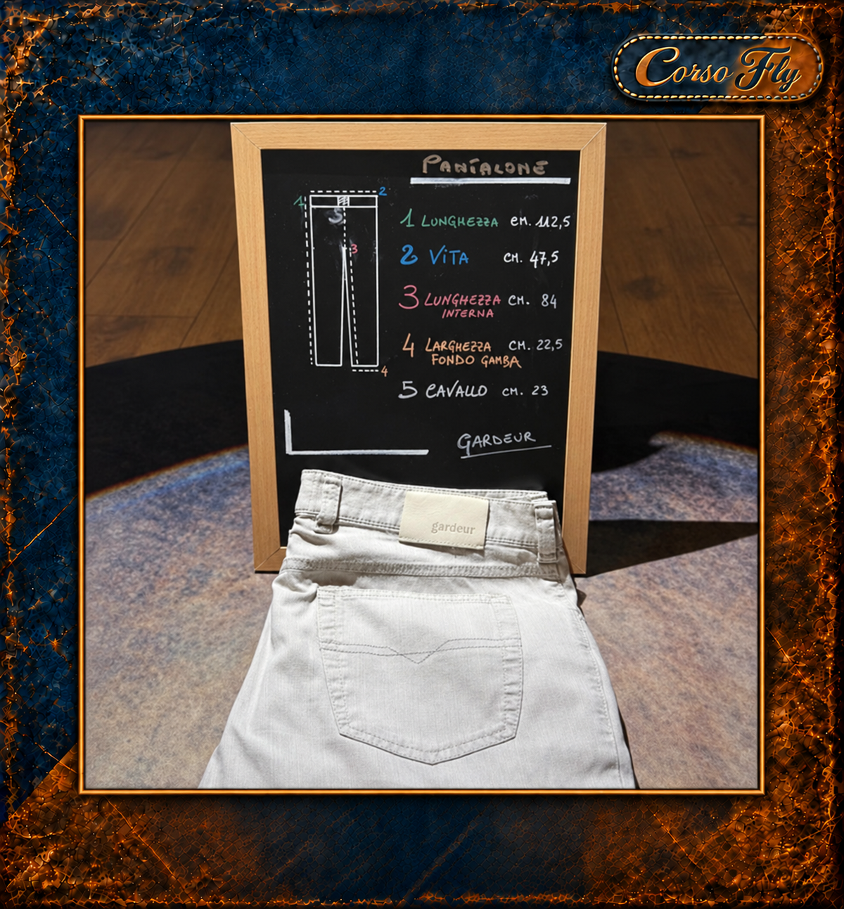 Misure pantaloni Gardeur: lunghezza 112,5 cm, vita 47,5 cm, interno 84 cm, fondo 22,5 cm, cavallo 23 cm — Corso Fly