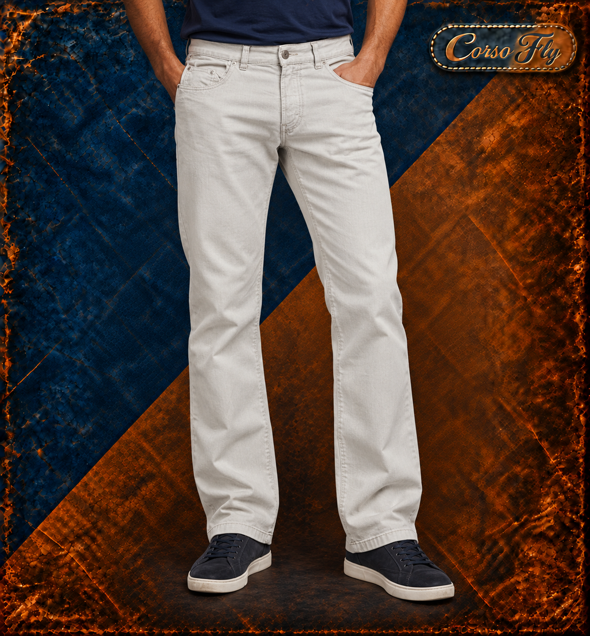 Pantaloni Gardeur grigio chiaro indossati da modello virtuale, Corso Fly