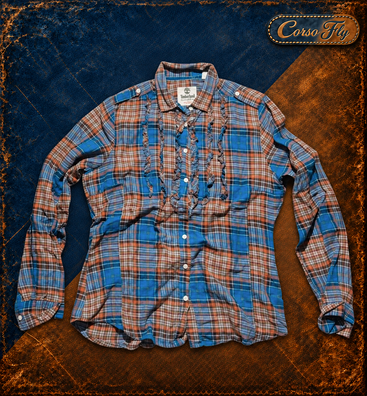 Vista frontale — camicia Timberland a quadri, sfondo Corso Fly