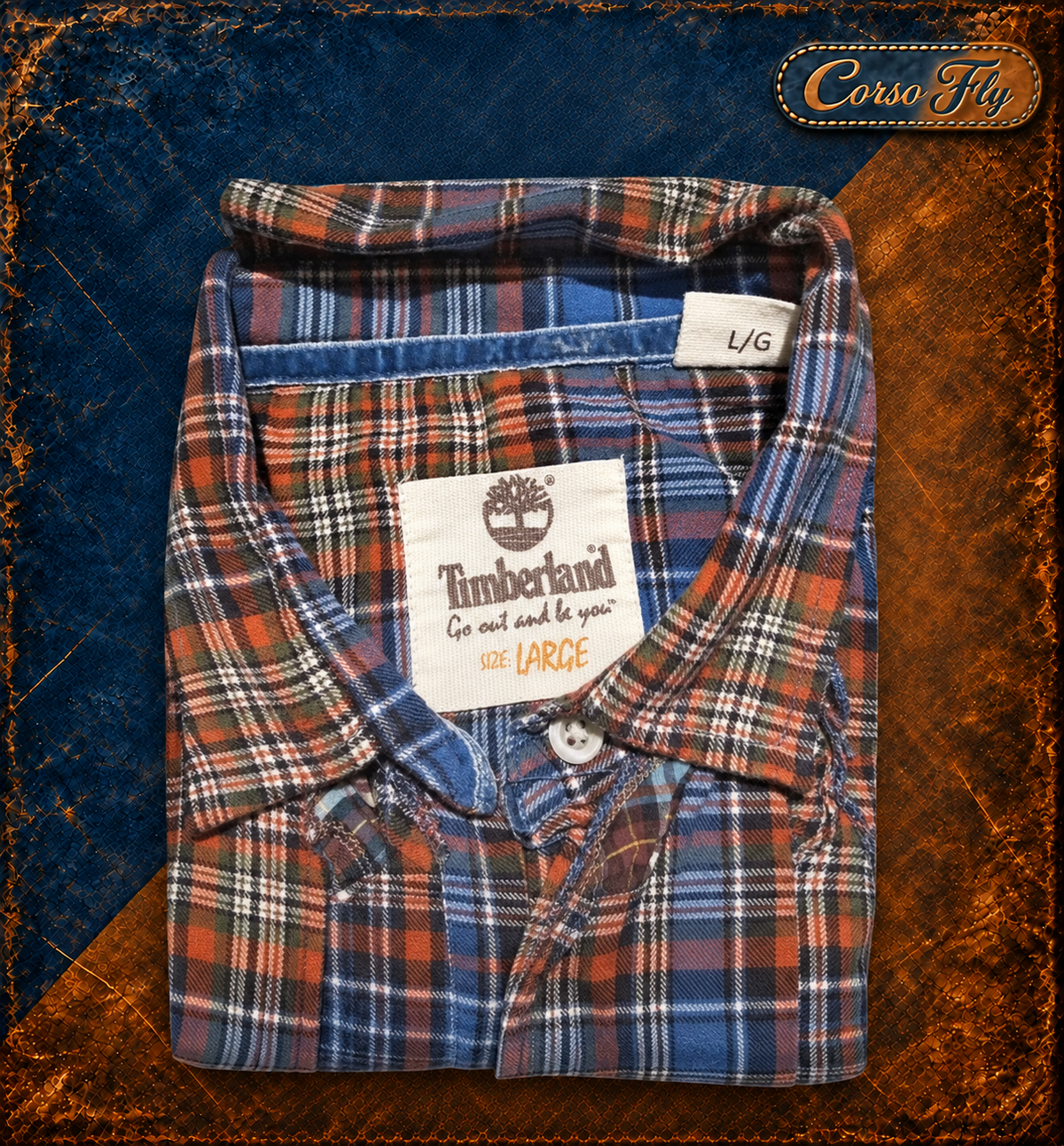 Etichette Timberland e taglia L — camicia Timberland a quadri, sfondo Corso Fly