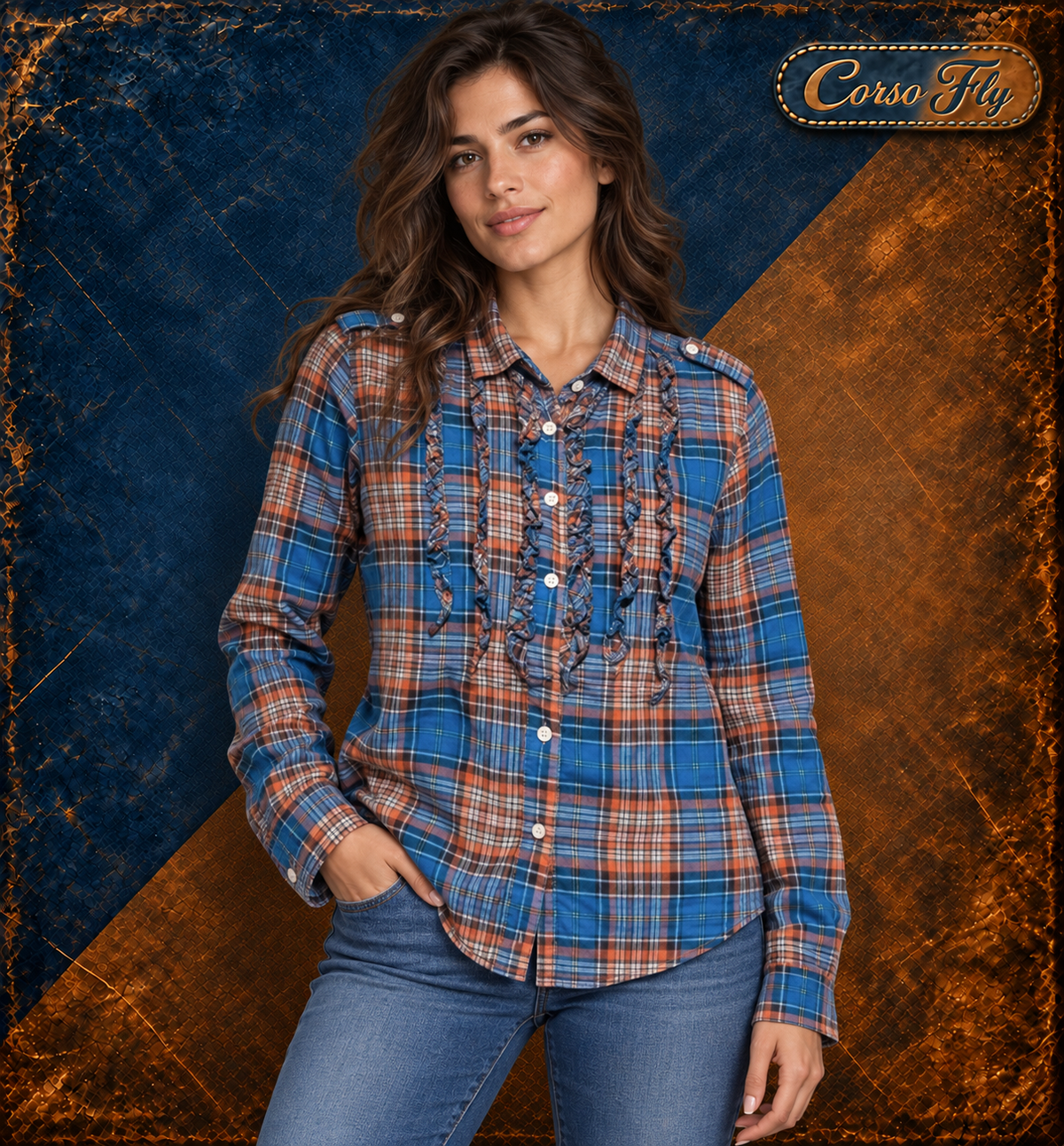Rappresentazione con modella della camicia Timberland a quadri con volant, sfondo Corso Fly blu e bronzo