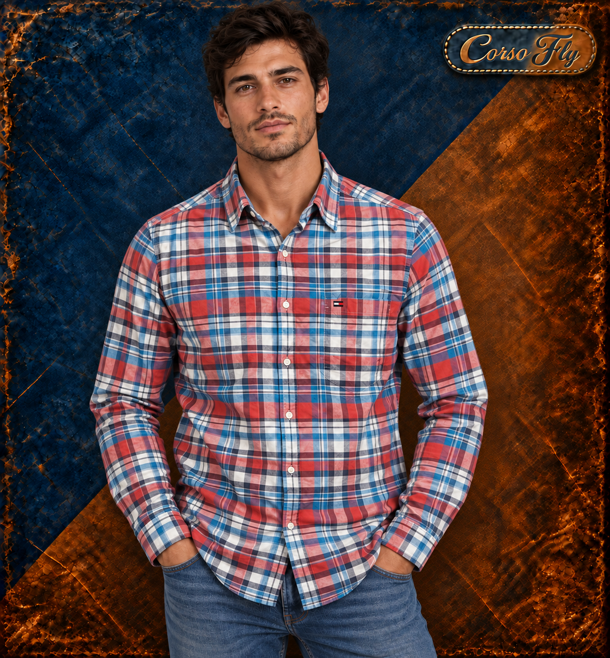 Camicia Tommy Hilfiger XL Slim Fit a quadri, indossata da modello virtuale — Corso Fly