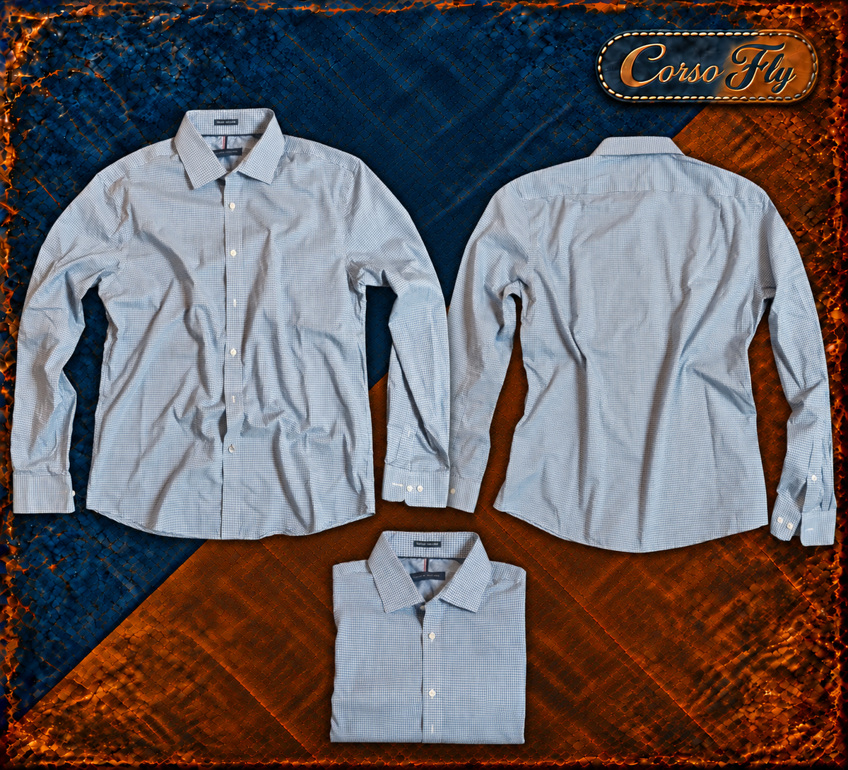 Viste fronte retro e piegata della camicia