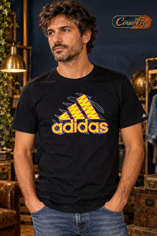 Adidas S nera logo giallo fucsia su modello - Corso Fly Vintage