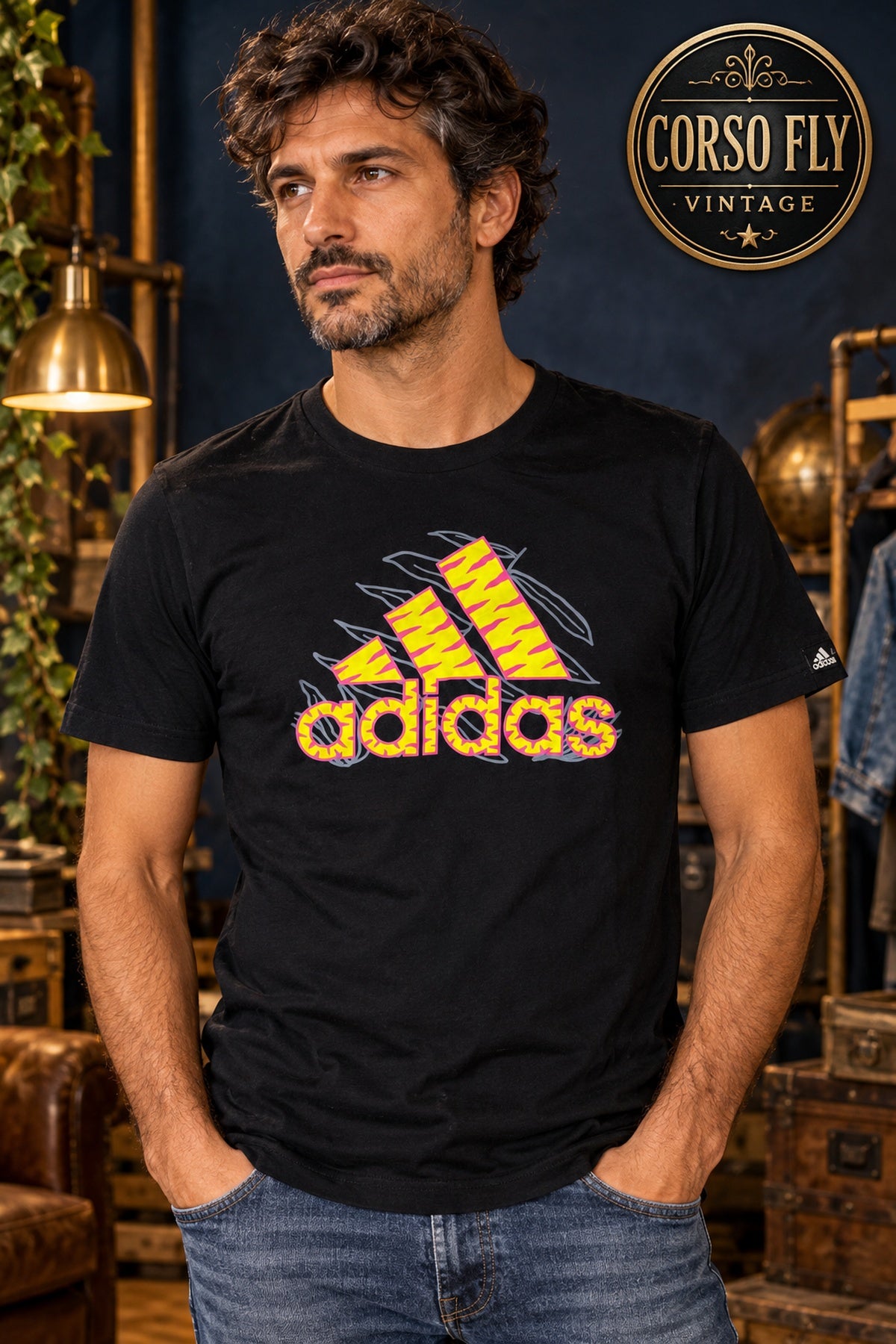 Adidas S nera logo giallo fucsia su modello - Corso Fly Vintage
