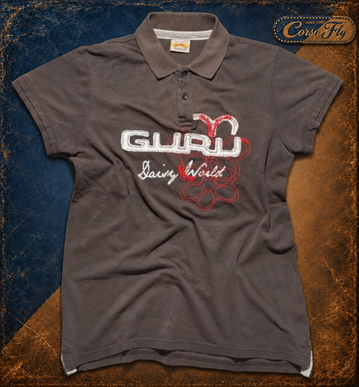 Polo Guru marrone da donna taglia M con ricamo frontale bianco e rosso