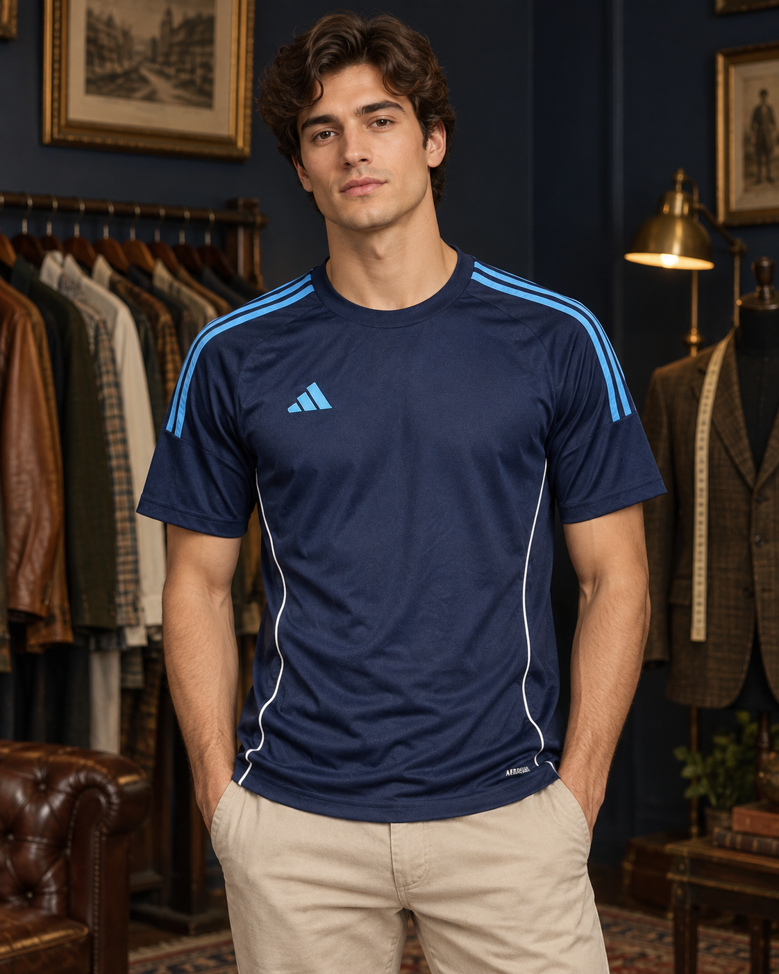 T-shirt Adidas AEROREADY blu navy indossata dal modello — foto principale