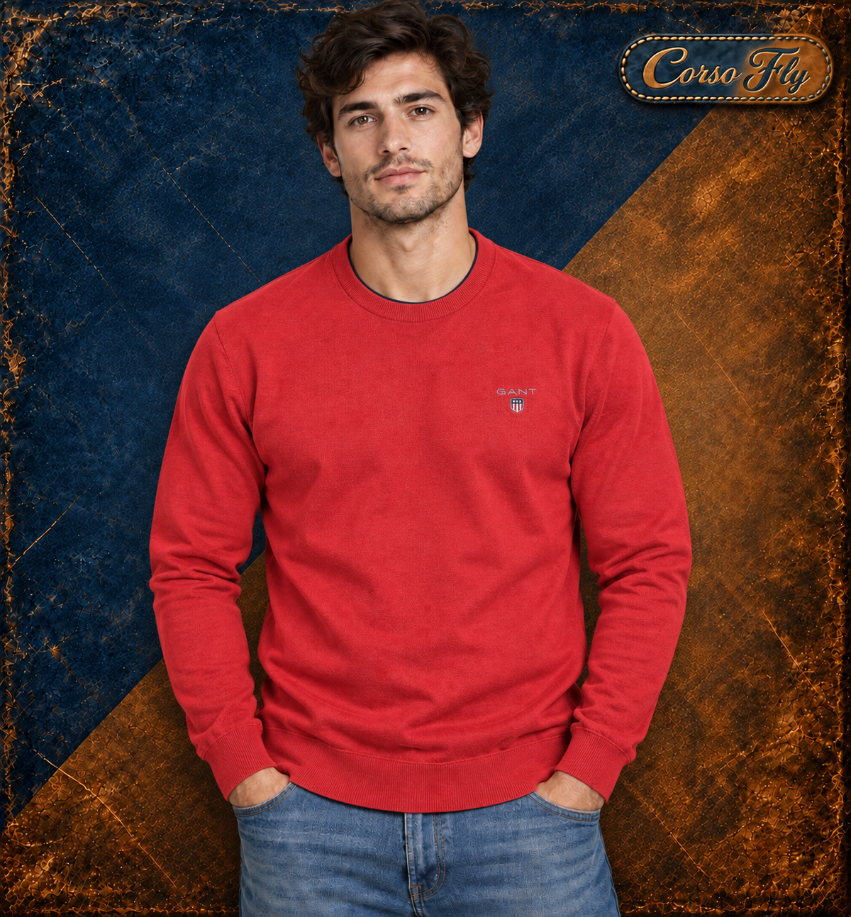 GANT maglione uomo XL rosso girocollo Stretch Cotton logo ricamato indossato, sfondo Corso Fly