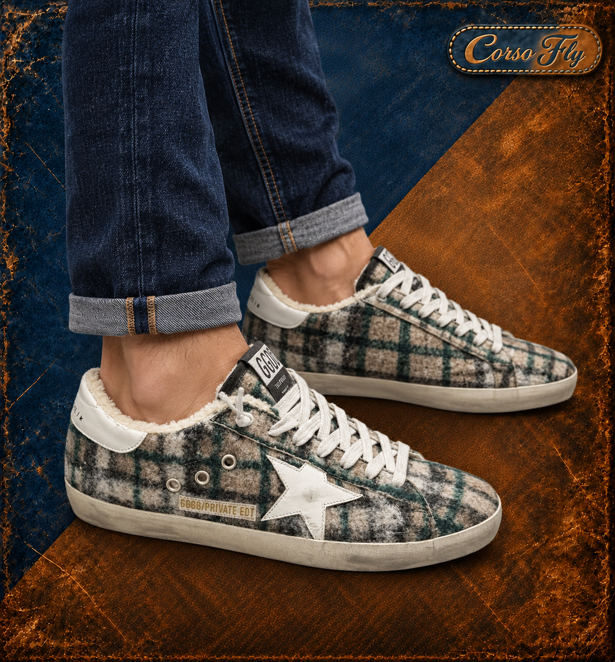 Golden Goose Super-Star tartan 42 — rappresentazione indossata dal modello