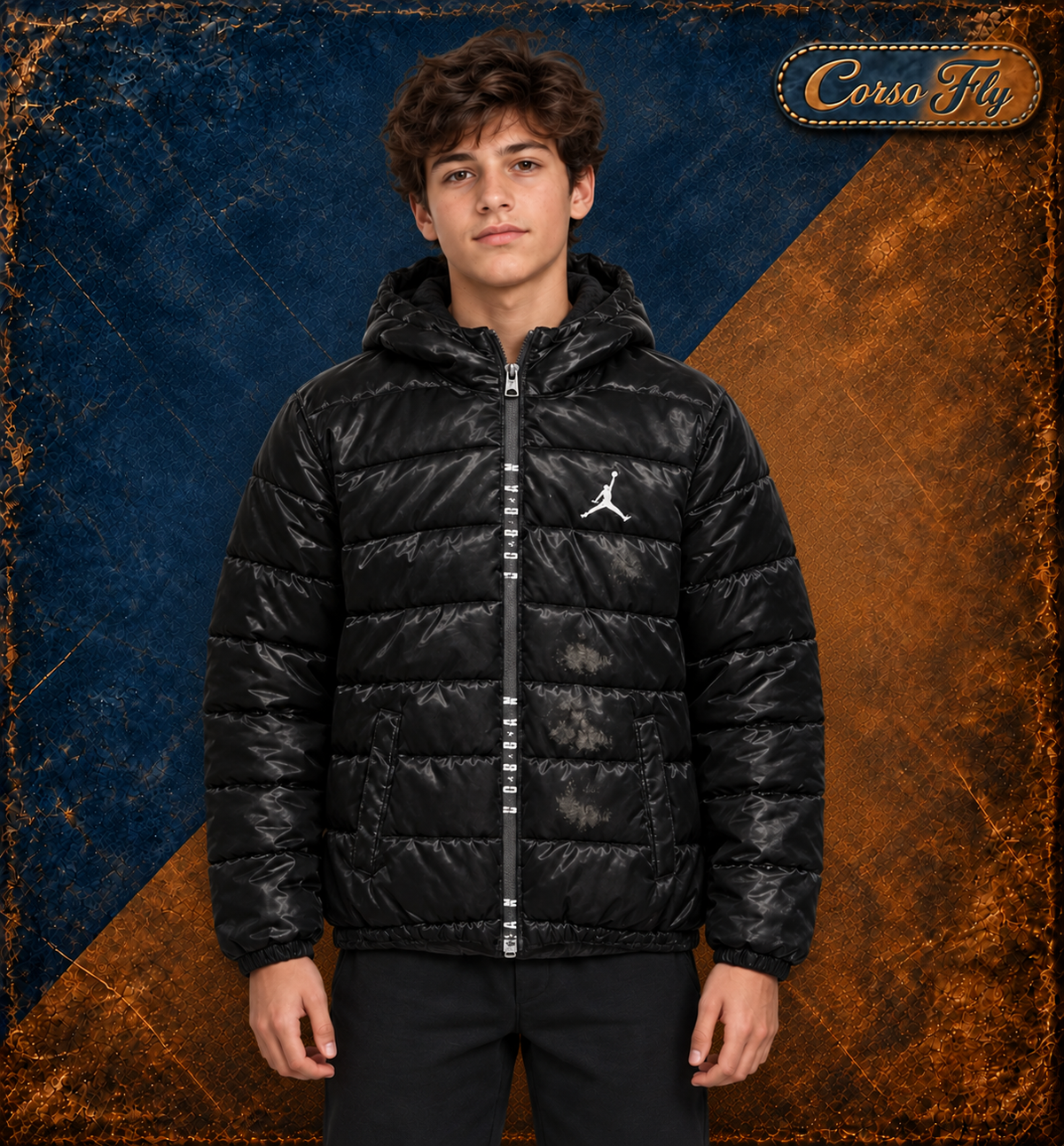 Jordan Jumpman XL junior indossata, sfondo Corso Fly