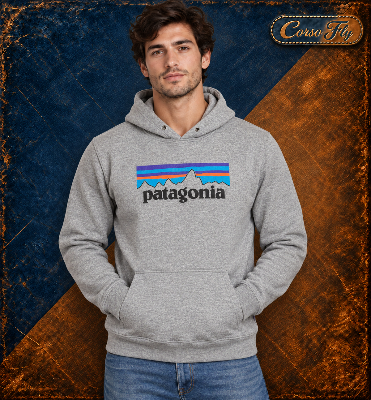 Patagonia Fitz Roy felpa uomo grigia con cappuccio – XL da etichetta indossata, sfondo Corso Fly