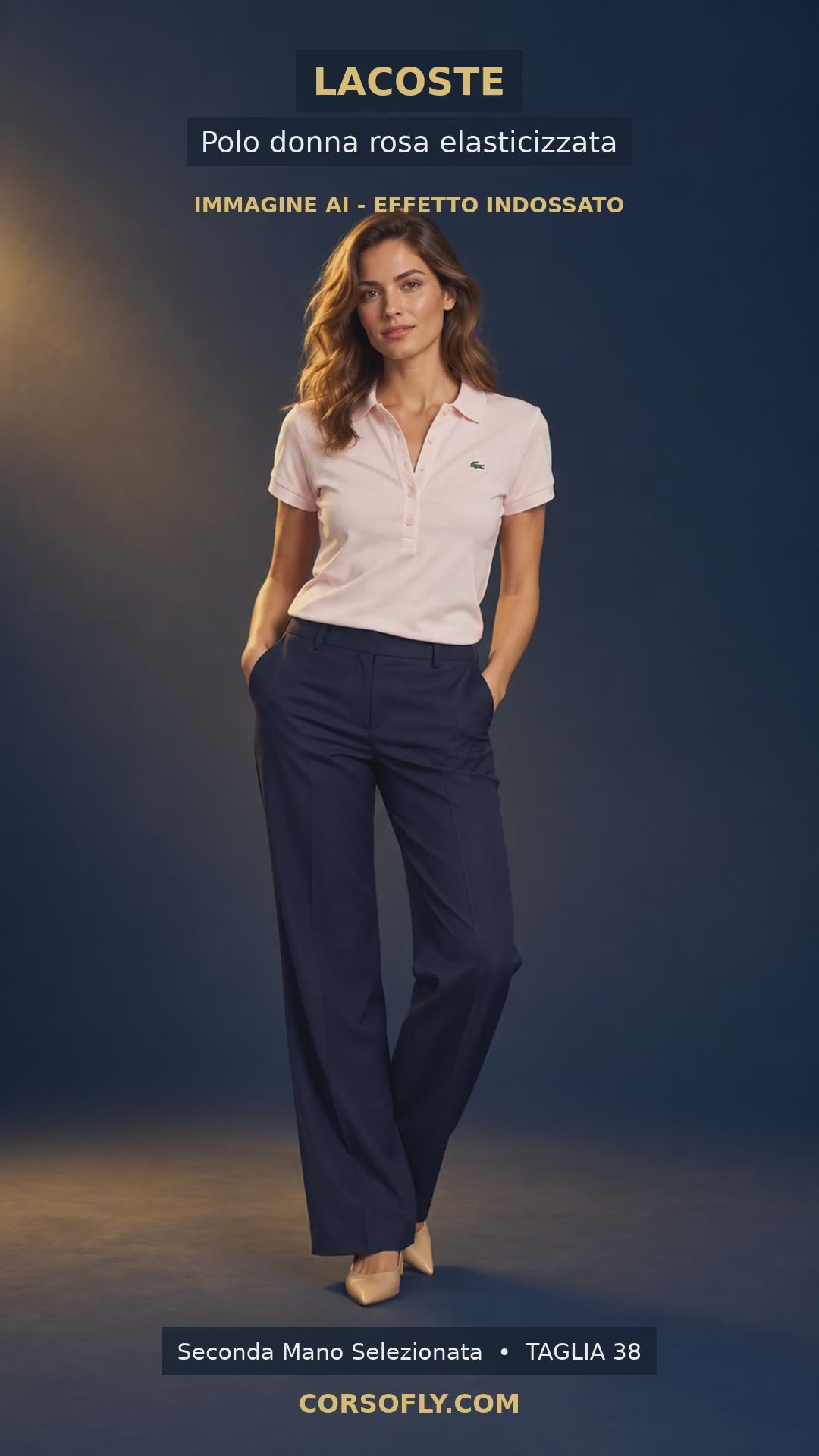 Video polo Lacoste rosa indossata su modella AI e foto reale del capo