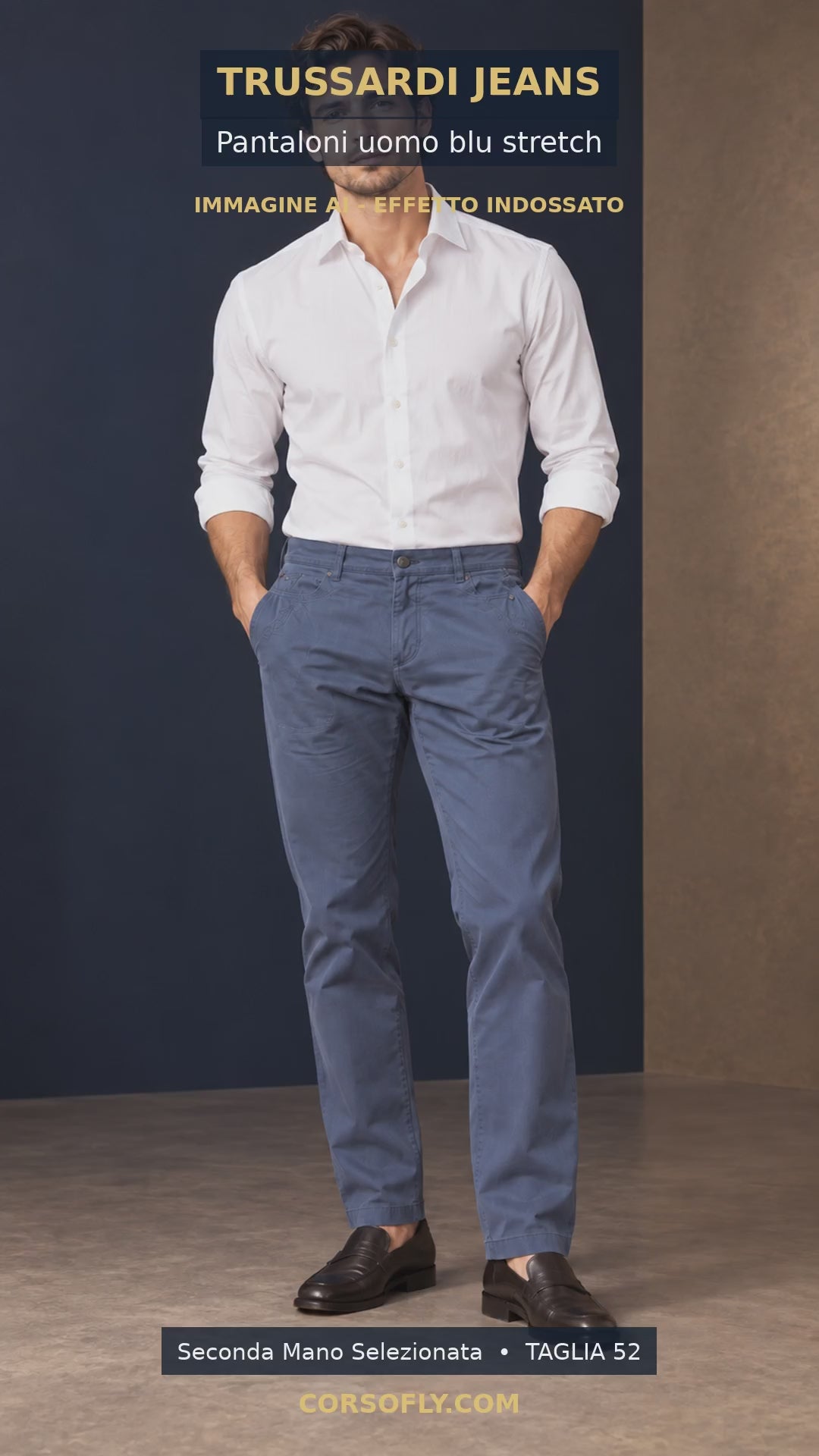 Video AI corretto: pantaloni Trussardi Jeans uomo taglia 52 indossati dal verso anteriore corretto