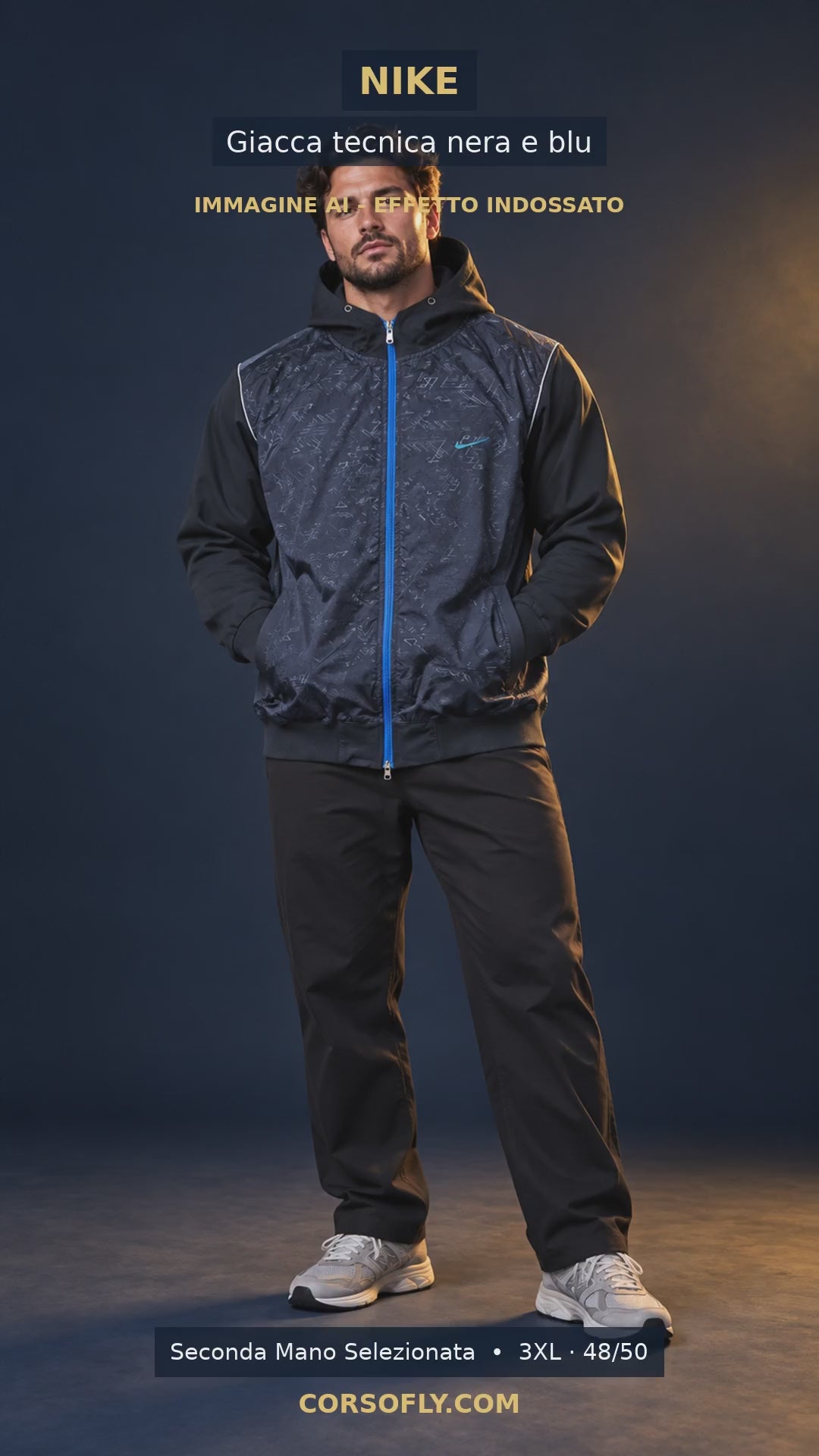 Video giacca tecnica Nike 3XL indossata su modello AI e foto reale del capo