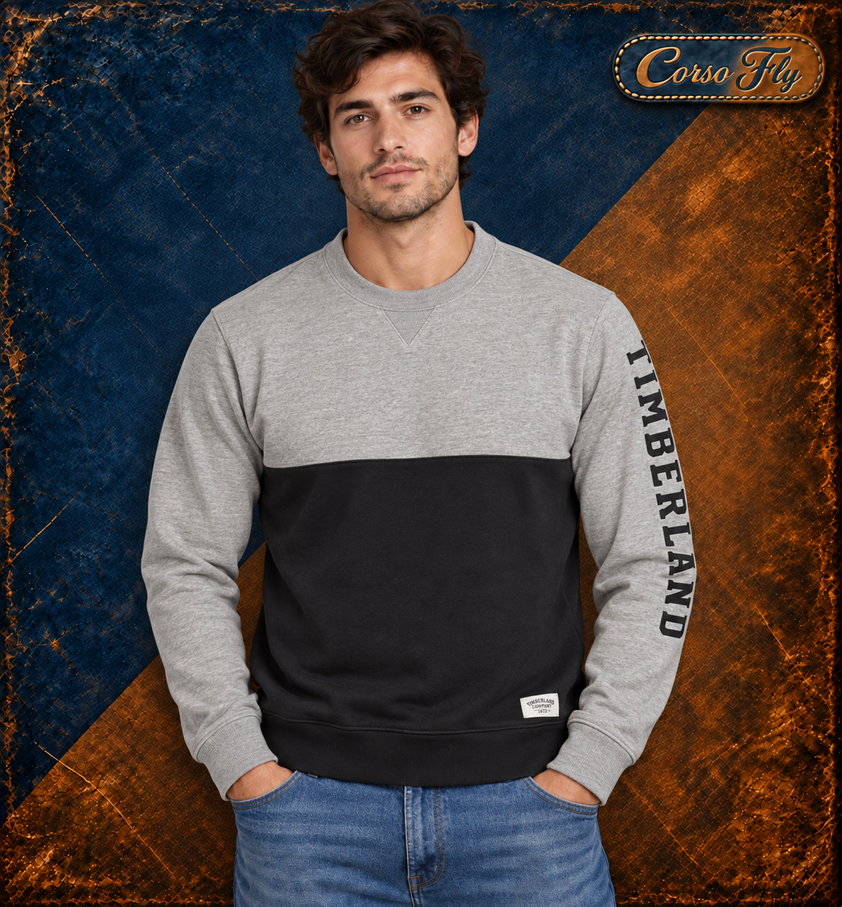 Timberland felpa uomo XXL slim fit girocollo grigia e nera indossata, sfondo Corso Fly