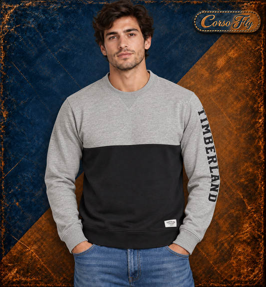 Timberland felpa uomo XXL slim fit girocollo grigia e nera indossata, sfondo Corso Fly