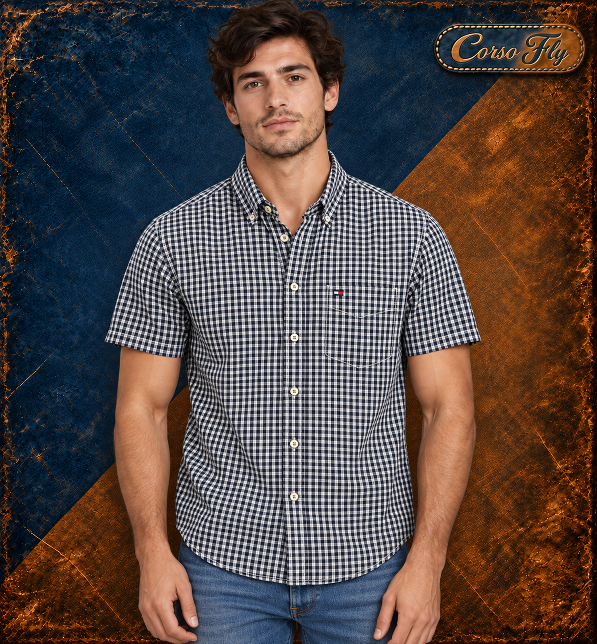 Tommy Hilfiger camicia uomo M quadretti blu bianco manica corta Classic Fit indossata, sfondo Corso Fly