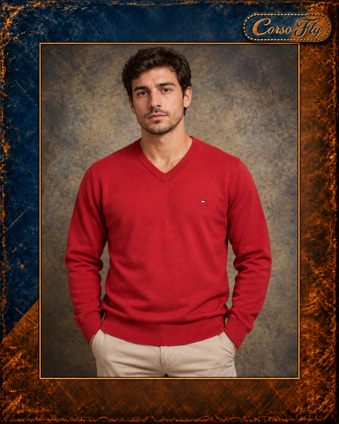 Maglione Tommy Hilfiger rosso scollo V indossato da modello