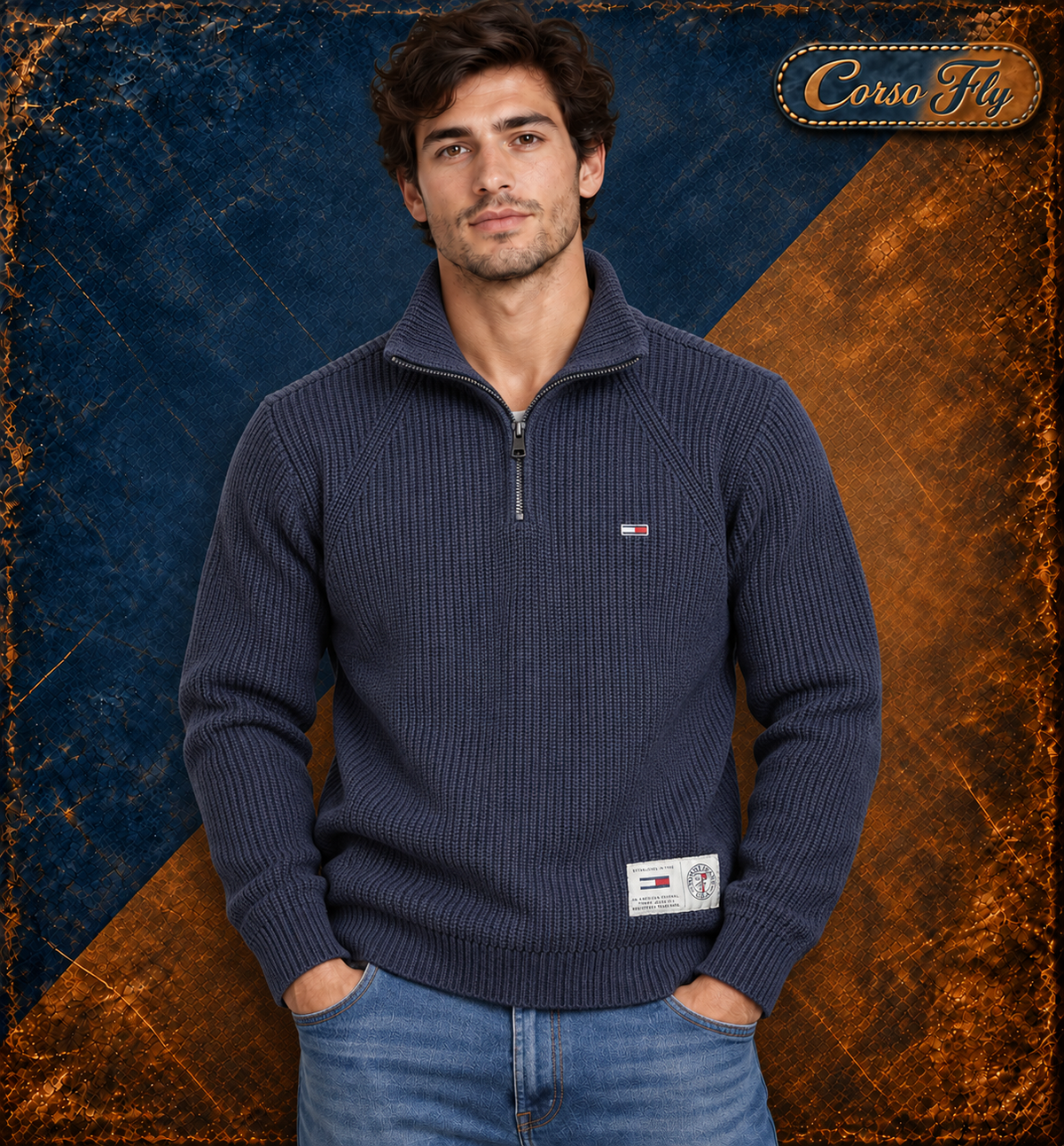 Tommy Jeans blu navy indossato dal modello – Corso Fly