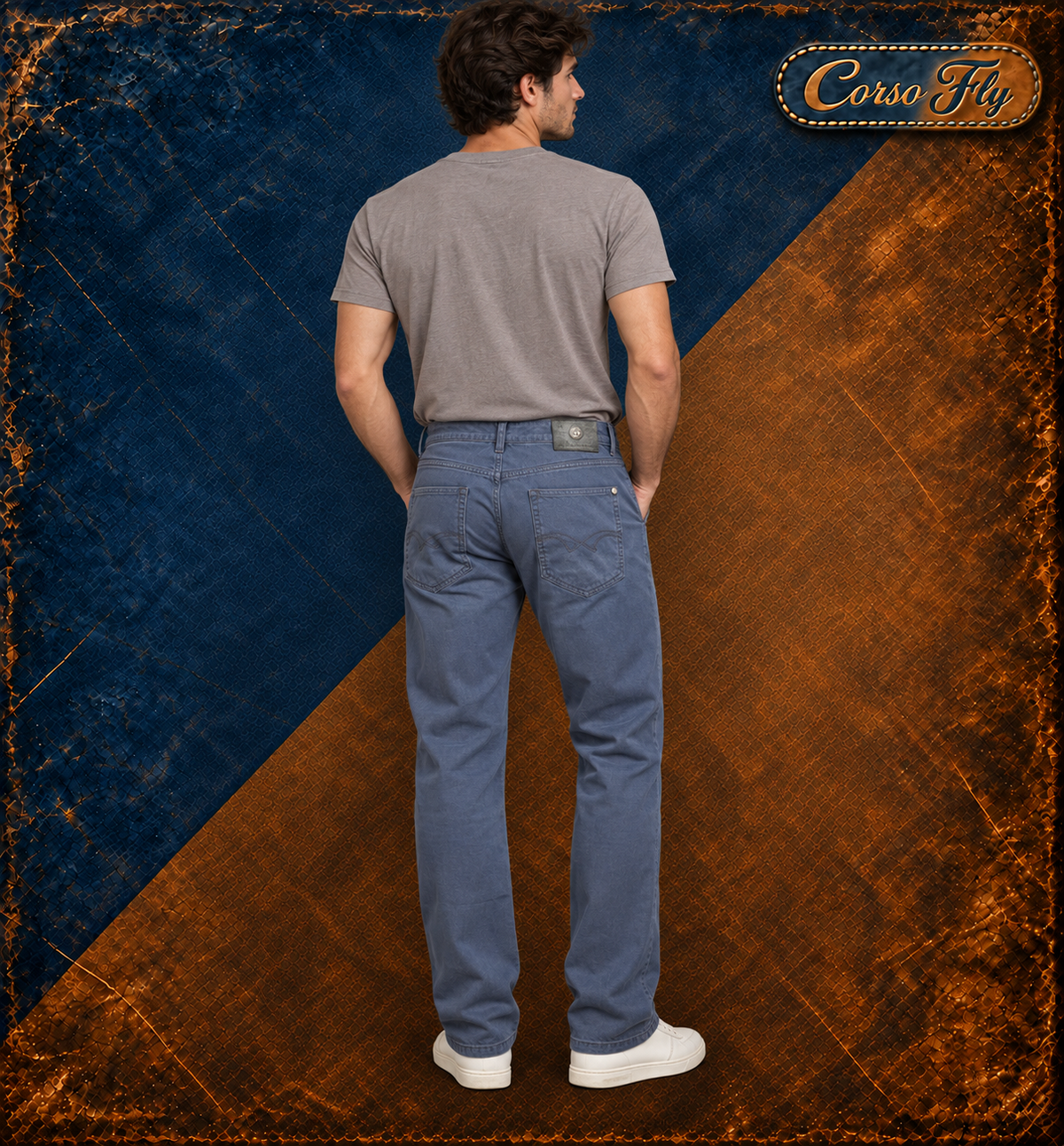 Trussardi Jeans pantaloni uomo 52 blu cotone stretch cinque tasche indossati, sfondo Corso Fly