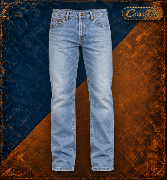 Wrangler Texas Stretch jeans uomo W32 L36 denim blu chiaro W12178014 — primo piano dalla vita agli orli